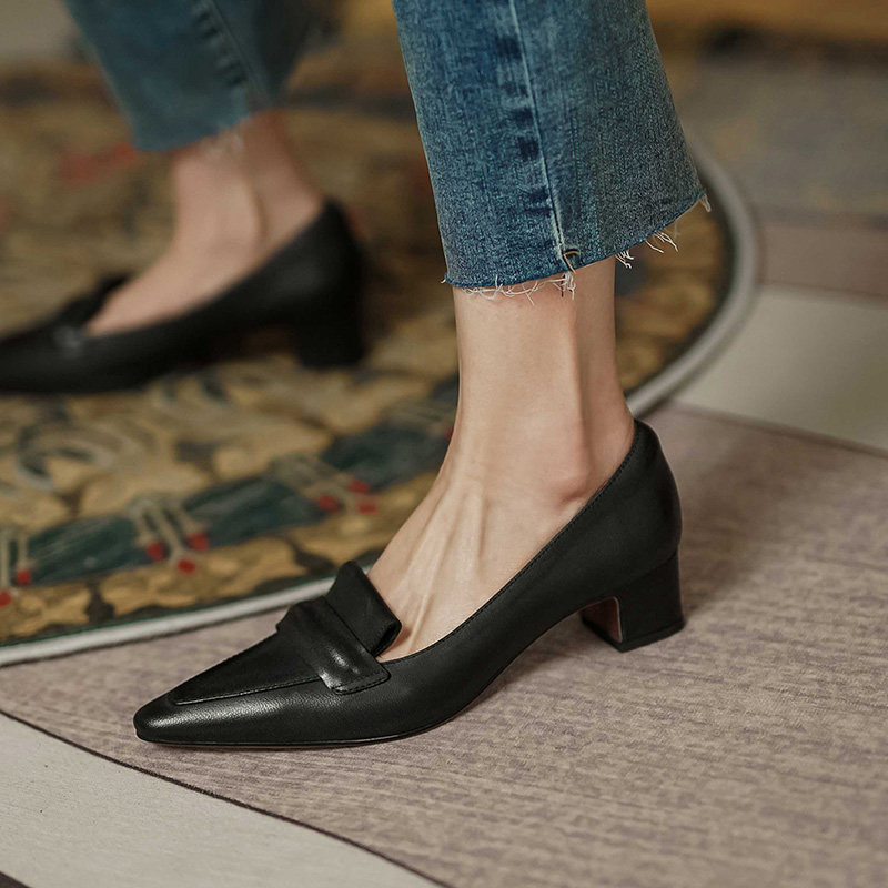 Lefu shoes women genuine leather Inn Wind spring style women shoes 2021 New bag shoes in thick heel square head One foot pedal women's shoes