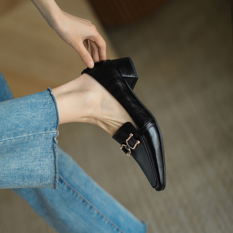 Square Head Lefu Shoes Women Yinglun Wind Deep Mouth One Foot Pedal Women's Shoes 100 Hitch Heel Leather Small Leather Shoes With Coarse Heel Leather Shoes