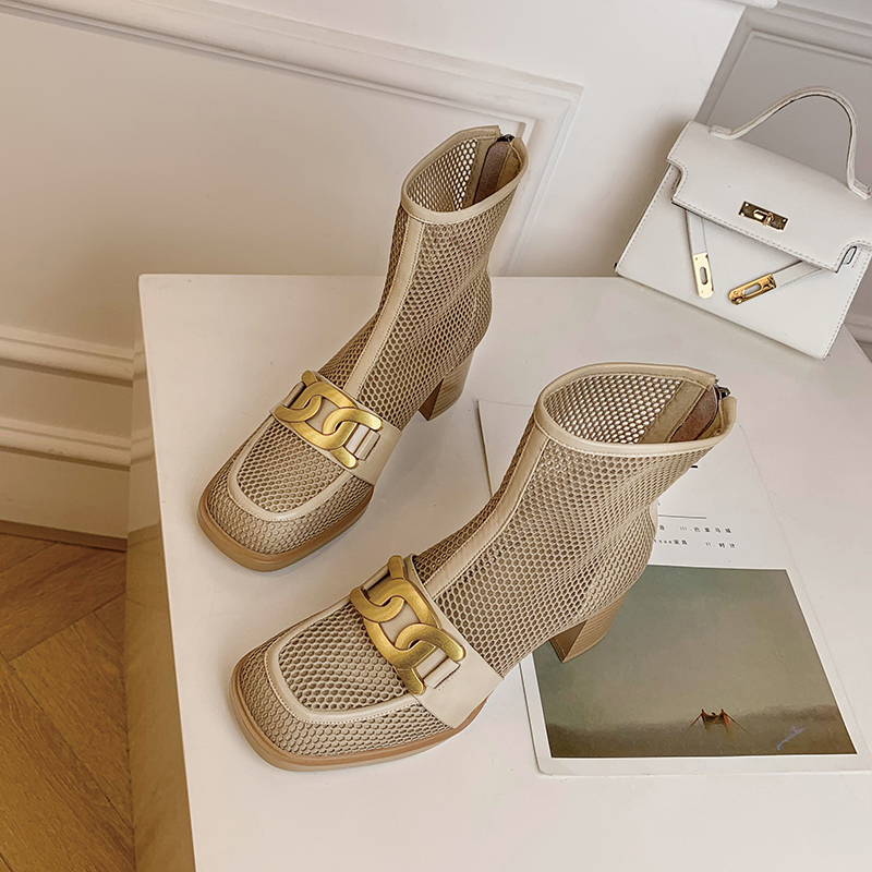 Short boots Women Summer slim Breathable Mesh Boots High Heel Dongle Sandals Summer Rough Heel Genuine Leather Hollowed-out Mesh Yarn Graced Boots