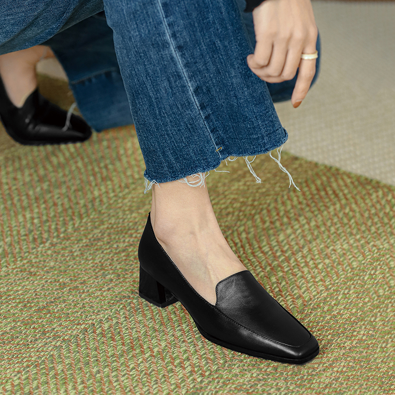 High Heel Lefu Shoes Woman 2021 Chunqiu One Foot Pedal Women's Shoes Coarse Heel heel Heel Wrap Shoes Yinglen Little Leather Shoes