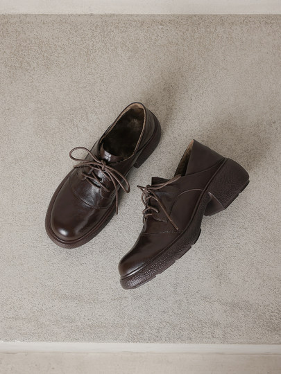 Original Soft Sheepskin British Style Thick-Soled Deep-Cut Women's Lace-Up Leather Shoes with Chunky Heels, Retro Loafers