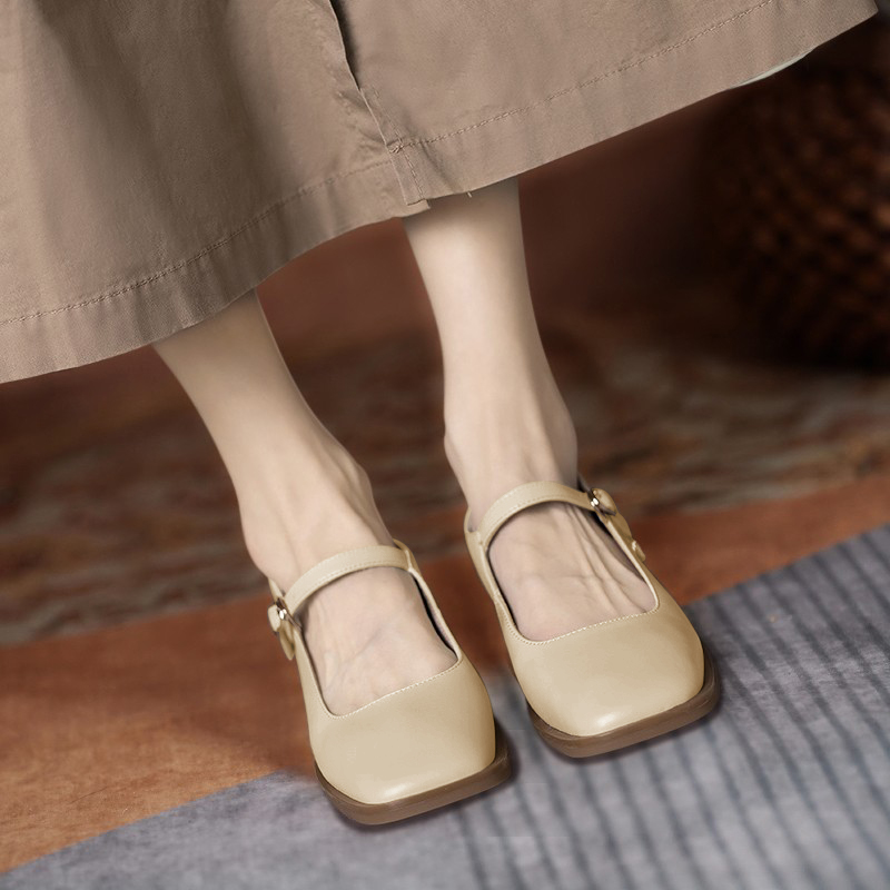 Small Foko Square Head Shoes Female Spring Summer Season Rough Heel Genuine Leather Low Heel Face-style Retro Flat Heel Lined With Mary Precious Shoes