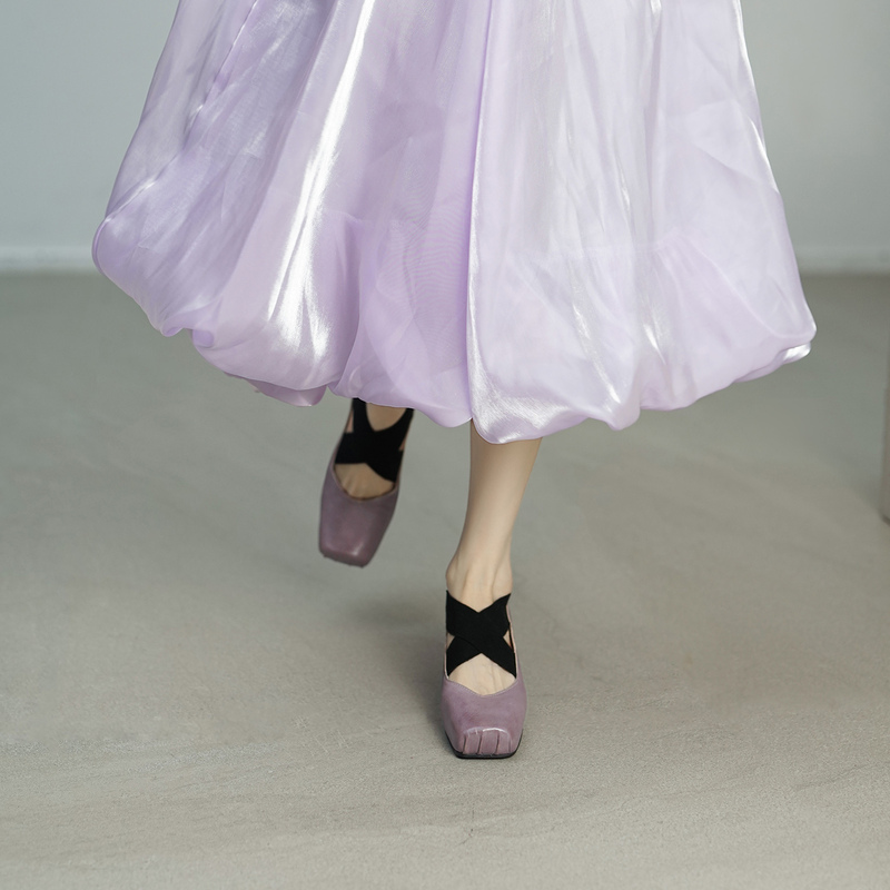 Original New Color Taro-Colored Patent Leather Pig Nose Fashion Ballet Shoes for Women, Medium Thick Heel Single Shoes, Purple Mary Jane Leather Shoes