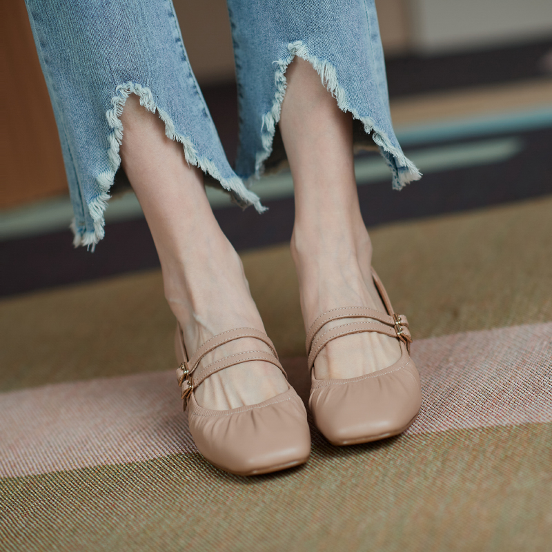 French temperament leather Mary Jane shoes soft leather grandma shoes medium thick heel square buckle shallow mouth single shoes women's spring and summer