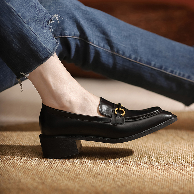 Lefoe shoes women's boomers Inn Wind Leather Shoes Genuine Leather with spring Summer Deep mouth One foot Foot Girl Shoes Coarse Heel Single Shoes