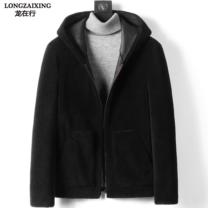 Henning grain sheep-cut leather fur integrated men's two sides wearing lamb velvet fur coat grass big coat short and even hat jacket winter