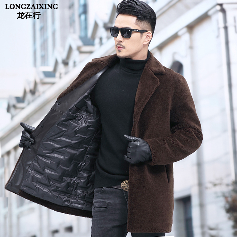 Winter Hainen sheep cut velvet coat leather grass men genuine leather medium long version of lamb fur integrated down jacket jacket