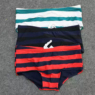 Foreign trade swimming trunks men's small flat corner stripes loose large size nylon double swimming trunks male tether quick-drying breifs
