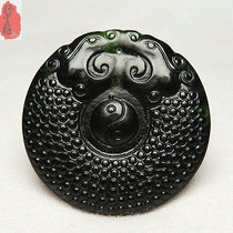 Retro gossip jade pendant mens natural dark green jade ink Jade double-sided double dragon mens and womens jade necklace pendant Jade