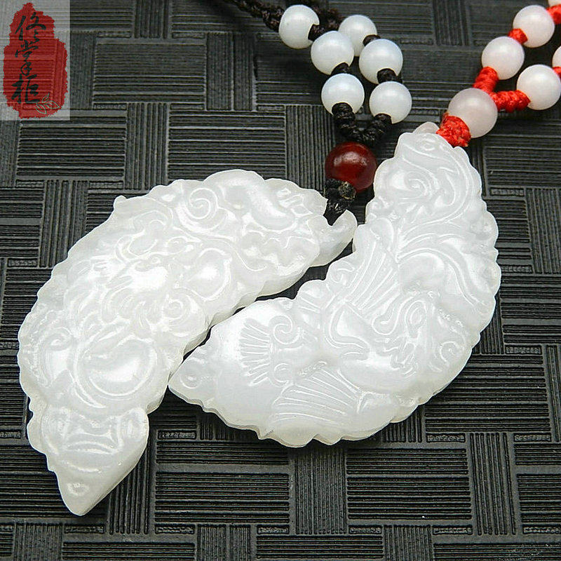 Jade natural white jade dragon and phoenix A pair of jade pendants for men and women student couple jade necklace Jade pendant evil pendant