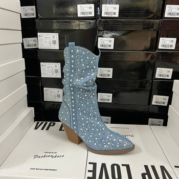 Foreign trade original export order broken code picked up fashionable women's boots pointed toe thick heel full diamond mid-calf boots