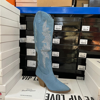 Original export foreign trade fashion women's boots pointed toe thick heel side zipper western denim high boots