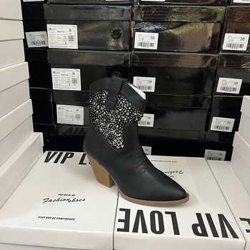 Foreign trade original export fashion women's boots european and american retro rhinestone pointed toe thick high heel short boots