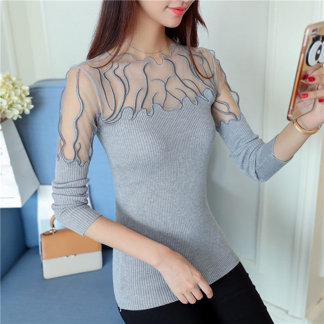 Bottom shirt female lace splicing slim knitted top thin sweater design sense niche female spring and autumn new inner wear