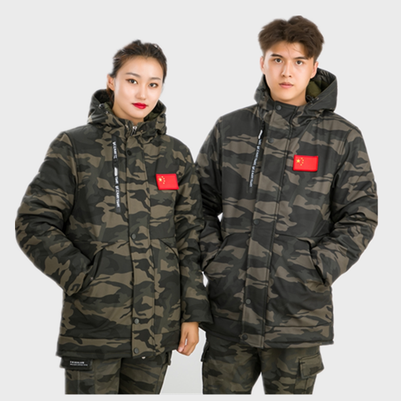 Winter camouflage coat men's mid-length version waterproof thickened cotton coat cold storage cotton jacket women's cold-proof training windproof cotton clothes