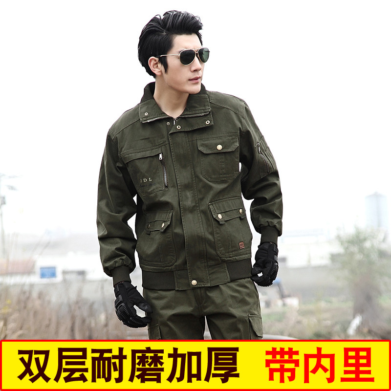 Sharp knife with work clothes suit labor insurance clothing spring and autumn thickened wear-resistant cotton army green anti-scalding electric welding multi-pocket tooling
