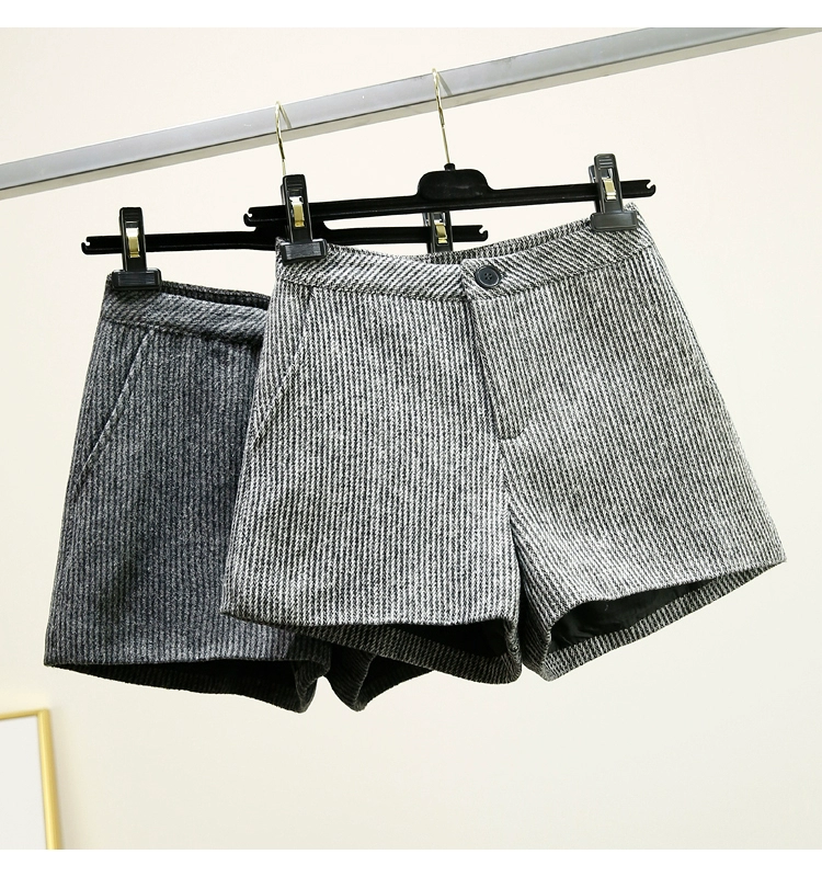 Quần short len ​​sọc nữ mùa thu đông 2018 phiên bản mới của Hàn Quốc quần cạp cao ống rộng ống rộng bên ngoài mặc quần bốt quần mùa đông