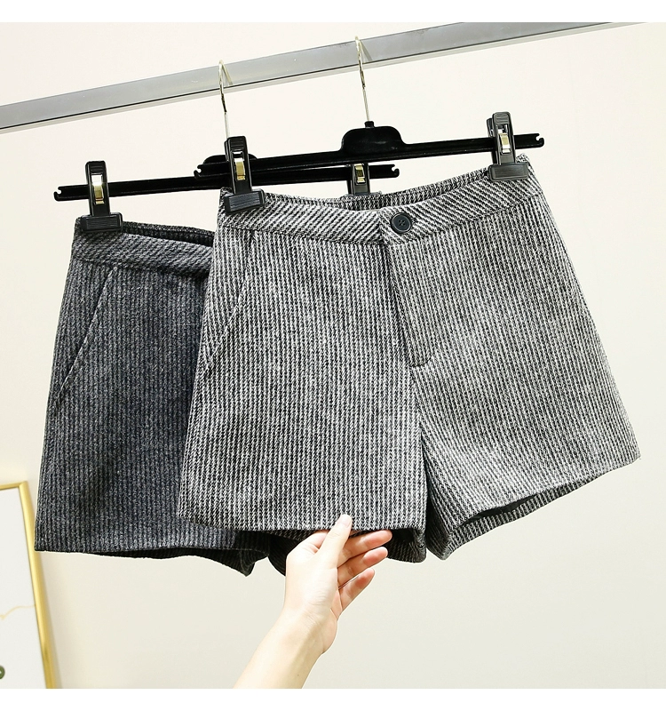 Quần short len ​​sọc nữ mùa thu đông 2018 phiên bản mới của Hàn Quốc quần cạp cao ống rộng ống rộng bên ngoài mặc quần bốt quần mùa đông