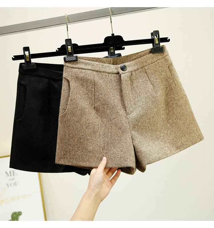 Phiên bản Hàn Quốc của quần short len ​​cạp cao nữ mùa thu đông 2018 mới sinh viên mặc bốt đế xuồng đế rộng