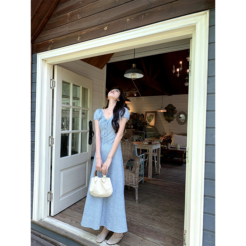 Yufei 2026 Summer New Style Ins-Style American Retro Pastoral Floral Puff Sleeve Drawstring Holiday Print Dress