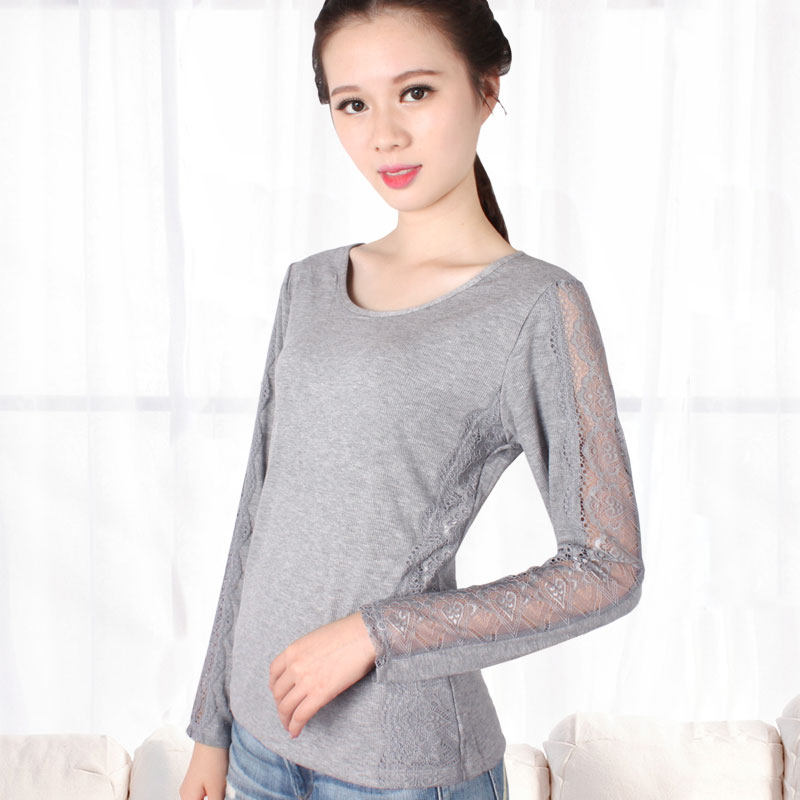 Large round low lead lace T-shirt woman long sleeve inner lap dress spring autumn fit new Korean version of slim black thread blouse
