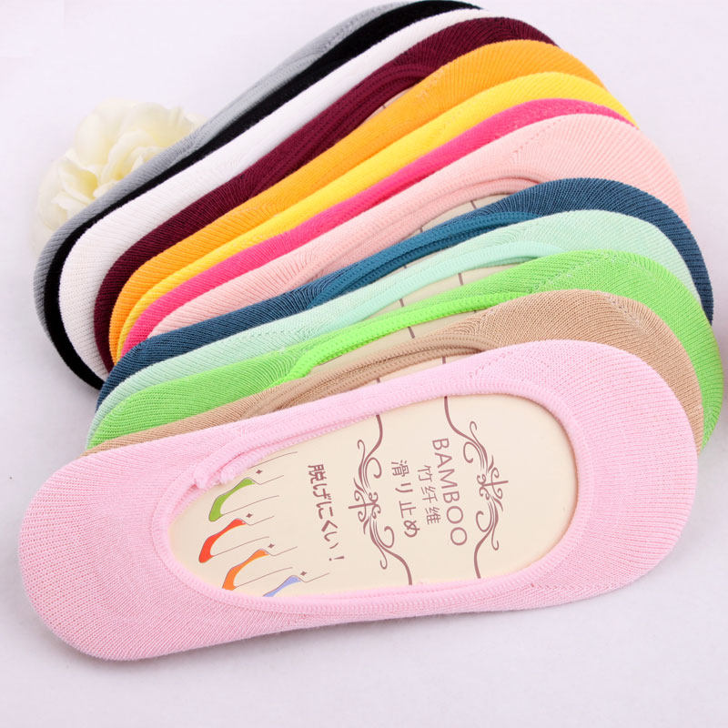 Female Spring Summer Season Ultra Slim Invisible Ship Socks Bamboo Fiber Cotton Candy Color Low Waist Silicone Anti Slip Lady Socks Multicolored