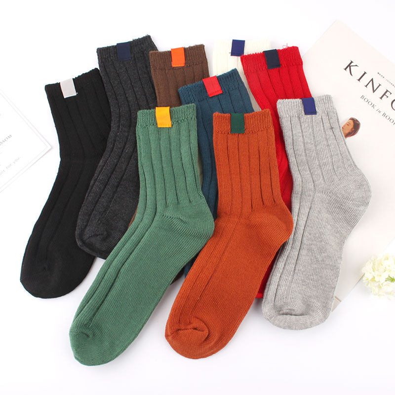 Korean Japanese college style label tide socks solid color basic cotton mid-tube women's socks sports socks bubble socks