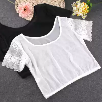 Summer half-cut bottoming shirt Short-sleeved women's slim mesh T-shirt thin half-body inner top lace gauze sleeves