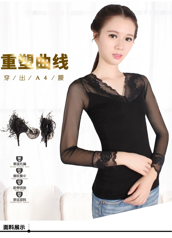 Áo corset cổ chữ V mới tay dài thon gọn gợi cảm phần bụng liền mạch áo liền thân bó sát da nữ màu đen - Corset