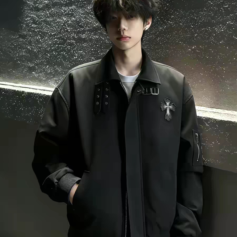 American Retro Cross Metal Buckle Lapel Jacket for Men and Women, Spring and Autumn Trendy Brand Loose-Fitting Couple Workwear Flight Jacket American Retro Cross Metal Buckle Lapel Jacket for Men and Women, Spring and Autumn Trendy Brand Loose-Fitting Couple Workwear Flight Jacket