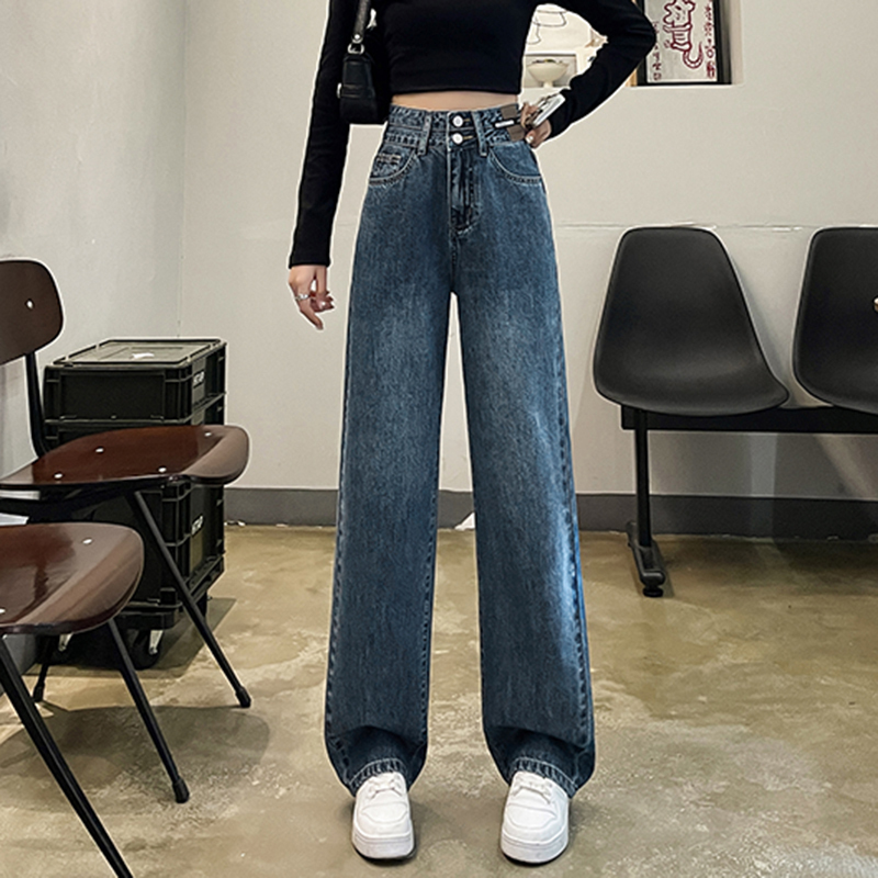 French Surplus Women's Clothing Original Stock Clearance High-Waisted Wide-Leg Jeans with Fleece Lining, Thickened, Casual Drapey Straight-Leg Pants
