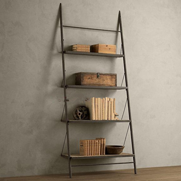 American retro wrought iron shelf loft log solid wood old TV cabinet shelf trapezoidal bookshelf storage against the wall