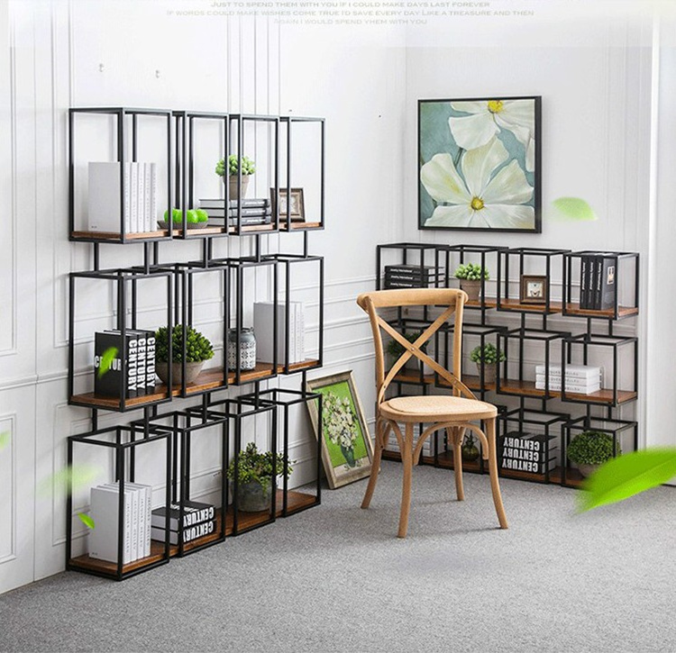 Retro iron bookshelf retro shelf partition solid wood display stand floor-to-ceiling screen partition shelf display shelf decoration
