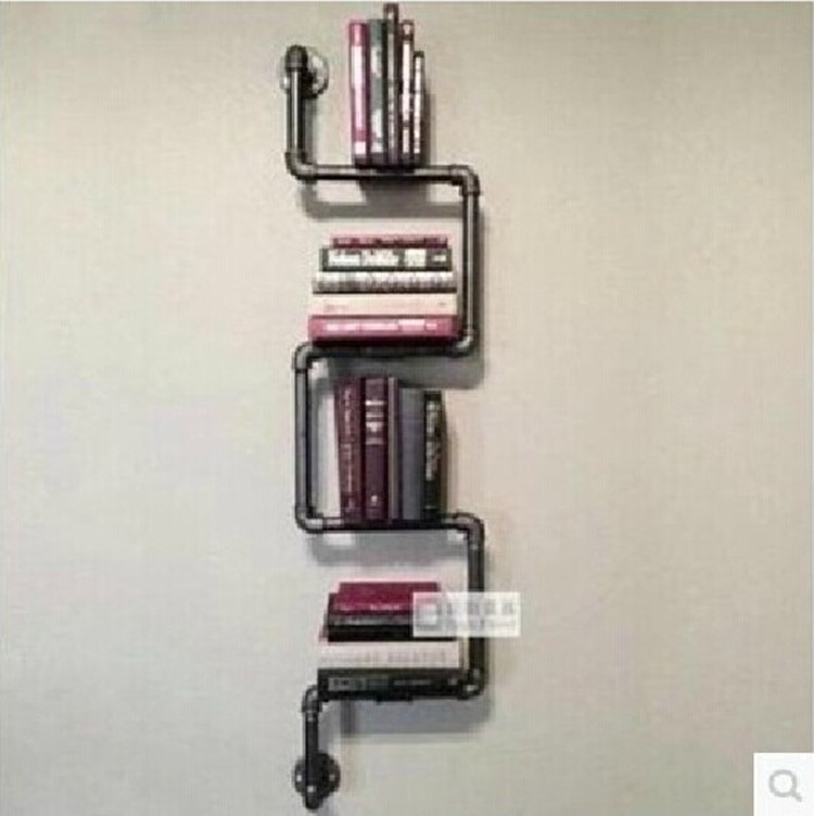 American retro wrought iron water pipe bookshelf creative wall decoration shelf living room wall hanging shelf storage shelf