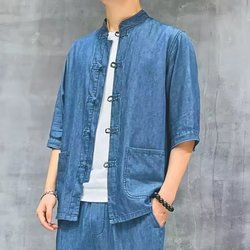 Summer retro Chinese style short -sleeved soft denim shirt men's five -point sleeve loose Tang dress new Chinese thin jacket