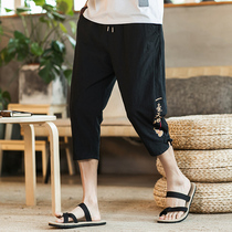 Summer linen Capri pants sub size Chinese style embroidery buckle small feet 7 points casual Harlan shorts mens pants