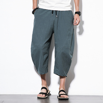 Casual wide leg pants men plus size fat summer Capri pants loose Chinese cotton linen 7 points Harlan shorts