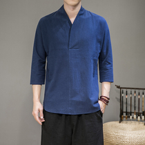 Chinese style vintage mens V-neck cotton linen T-shirt summer large size loose 7 seven seven-quarter sleeve Han suit Tang costume tea suit