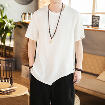 Summer Chinese style linen short sleeve T-shirt loose size cotton linen personality irregular half sleeve clothes men trend
