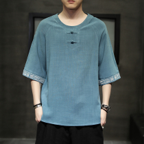 Linen short sleeve T-shirt mens summer loose Chinese style cotton linen half sleeve Chinese retro top embroidery Tang suit Hanfu