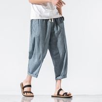 Summer thin linen shorts Chinese style mens pants fat size loose cotton linen wide leg casual Capri pants tide