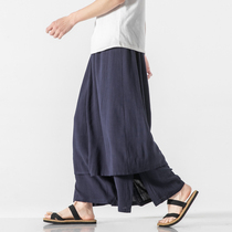Spring and summer Chinese style mens cotton linen wide leg culottes mens loose size ankle-length pants fake two pieces casual pants tide