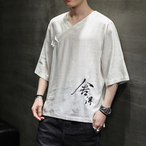Short-sleeved T-shirt mens improved Tang suit Hanfu loose linen shirt retro Chinese style is willing to prick half-sleeve T-shirt