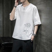 Summer Chinese style lotus embroidery large size T-shirt men loose retro ethnic cotton linen short sleeve clothes national tide