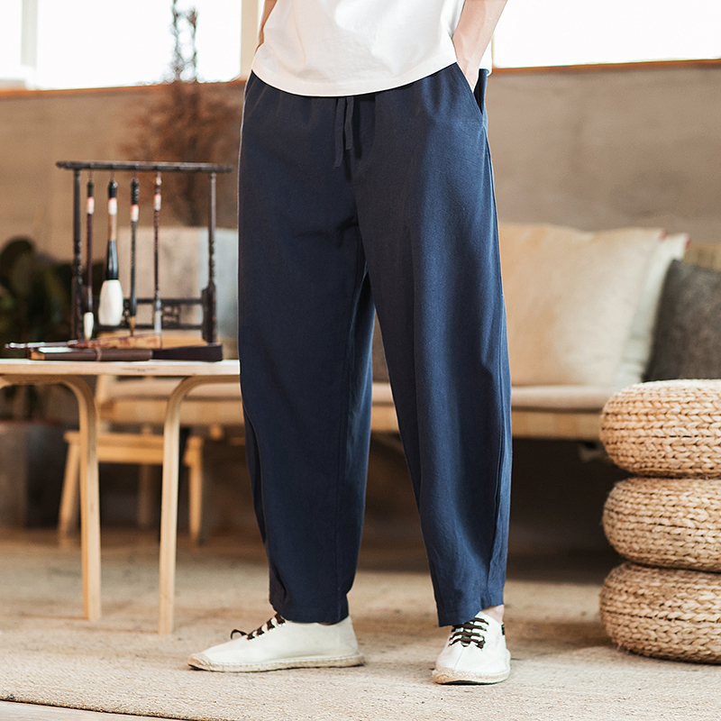 China Wind Cotton Linen Casual Pants Male loose large size Fat Son Light Cage Pants Retro Linen Long Pants Broadlegged Kharen Pants Spring