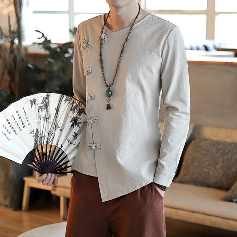 Chinese style men's slant lapel button shirt National style clothing Chinese retro casual shirt Men's base shirt autumn