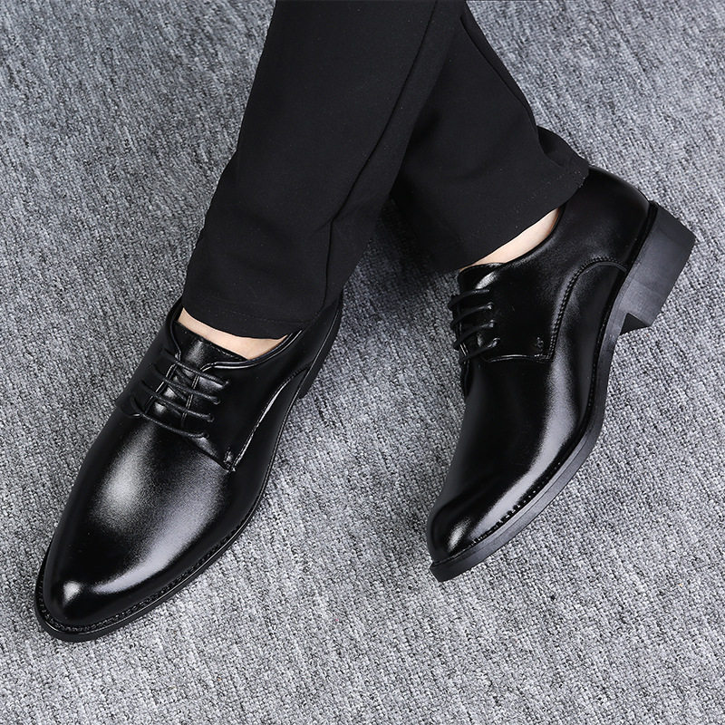 Men's genuine leather casual shoes British black lace-up shoes business casual formal leather shoes heightened pointed toe men's shoes