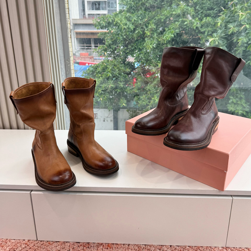 Waxed Leather Martin Boots for Women, High Version, 2026 Autumn New Style, British Style, Cowhide, Chunky Heel, Mid-Calf, Flat Sole, Distressed Chunky Heel Riding Boots