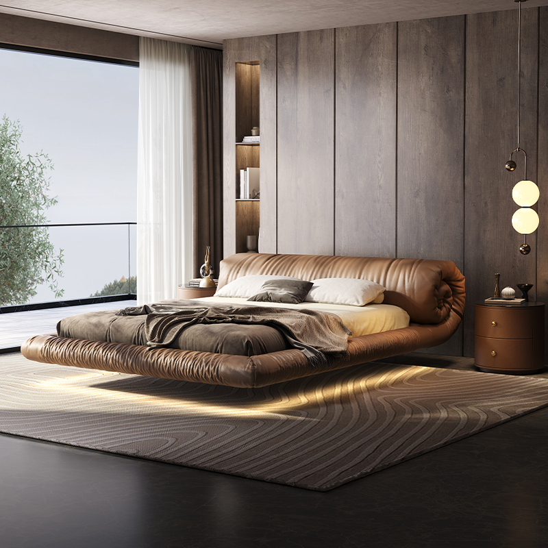 Modern Minimalist Double Bed with a Floating Design, Italian-Style Designer, Internet-Famous Nordic Master Bedroom Genuine Leather