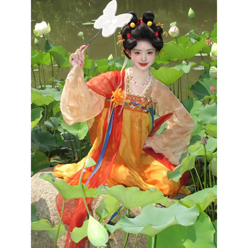 Tang Dynasty Lotus Adult Hanfu Costume for Women 2026 Spring New National Style Embroidered Printed Fairy-Like Large Sleeve Shirt Set Tang Dynasty Lotus Adult Hanfu Costume for Women 2026 Spring New National Style Embroidered Printed Fairy-Like Large Sleeve Shirt Set